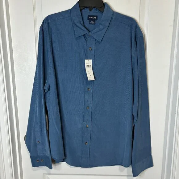 Haggar Men's Regular Fit Long Sleeve Corduroy Shirt Bundle Blue Mustard Green XL